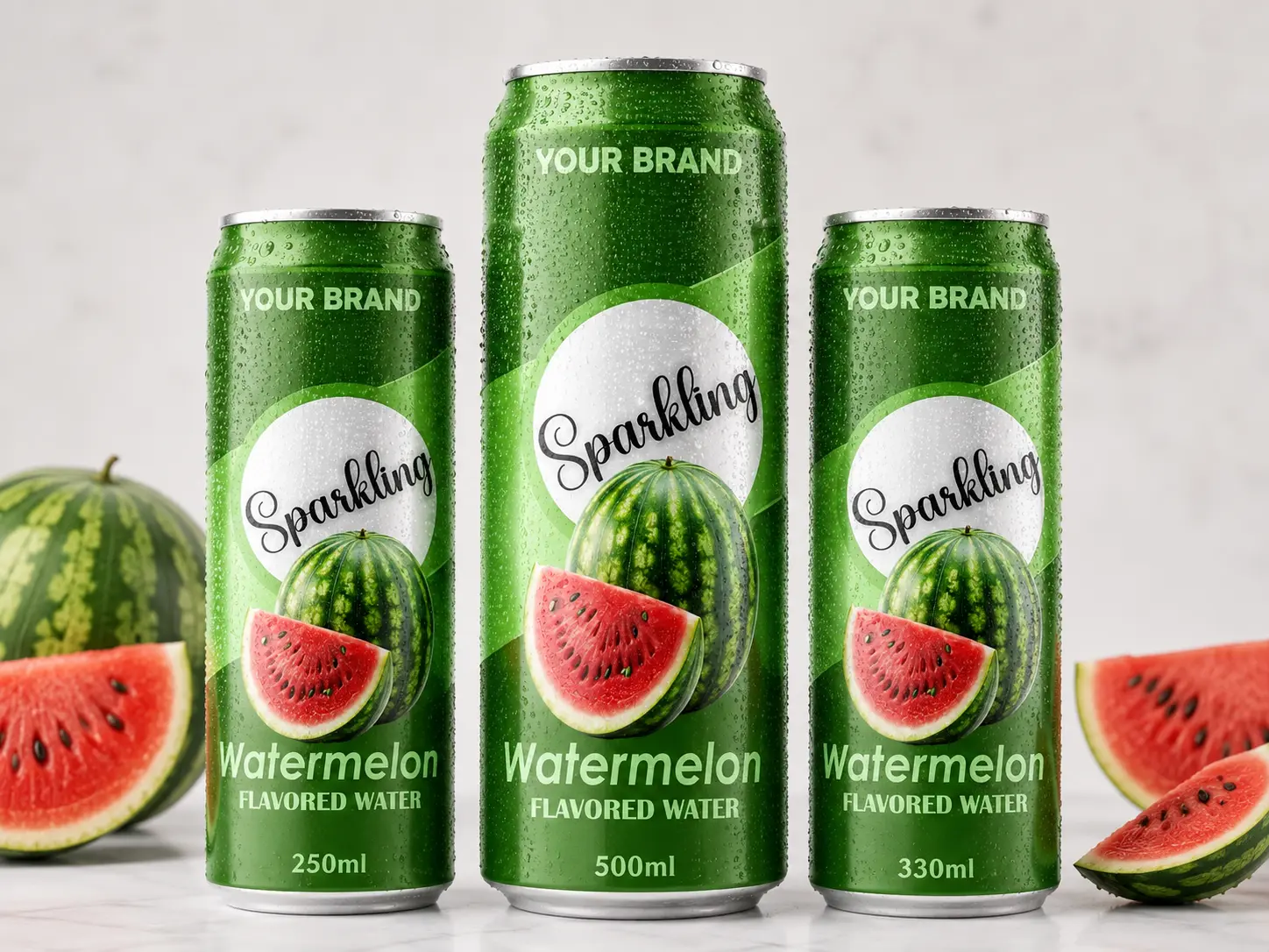 SPARKLING FLAVORED WATER Watermelon 250ml, 500ml and 330ml cans with fresh watermelon.